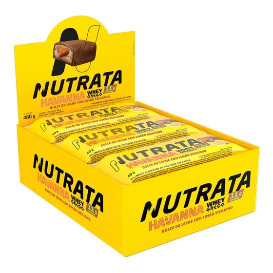 Whey Grego Bar Havanna Caixa 12 Unidades - Nutrata Sabor Doce de leite com Limão