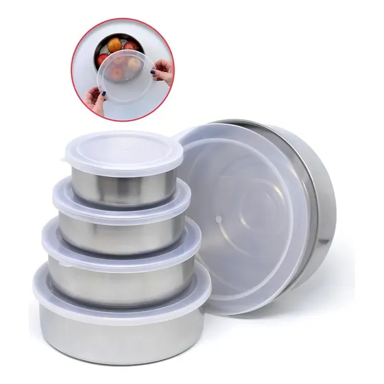 Set De 5 Cuencos De Acero Inoxidable Con Tapa Para Comida