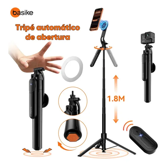 Basike Tripé Magnético Portátil 1.8m, tripé Celular profissional Rotação 360° + Inclinação de 270° c