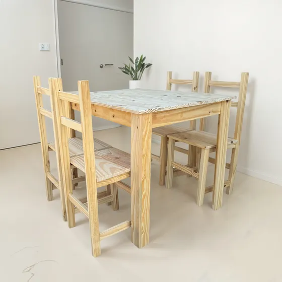 Combo Mesa 120x80 + 4 Sillas Rectas Madera Pino 