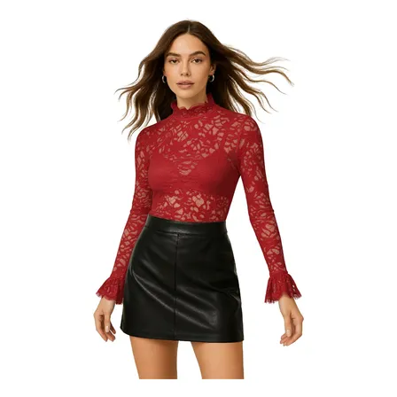 Blusa De Renda Floral Transparente Manga Longa Com Babados