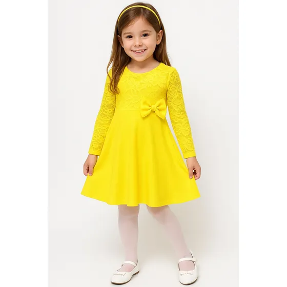 Vestido Infantil De Renda Inverno Manga Longa Com Laço