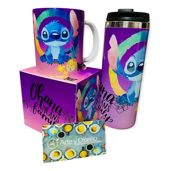 Termo+taza Stitch Rosa, Personalizado Color Rosa