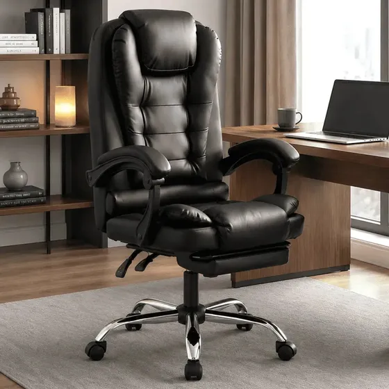 Silla Simona Ejecutiva Reclinable Con Masaje Reposapies Cuero Sintético Ergonómica Giratoria Vidita Color Negro