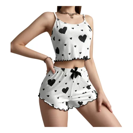 Pijama Feminino Curto Com Top Cropped E Shorts Preto Listras M