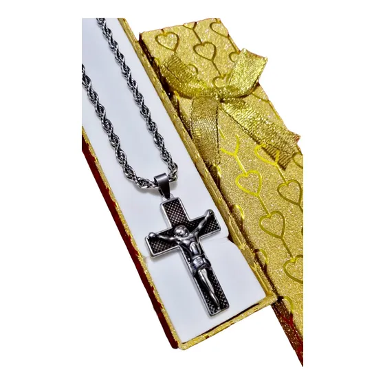 Dije Cruz Cristo Crucifijo Acero Quirúrgico + Cadena + Caja