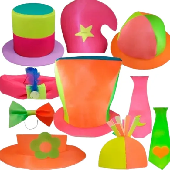 Combo 10 Articulos de Tela Fluo Cotillon Gorros Corbata Moño Kit Sombreros Cotillon Casamiento 15 Años Cumpleaños Gorras Fluor