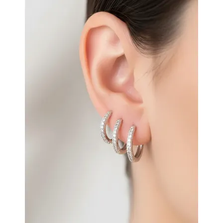 Trio Brincos Argolas Cravejadas Banho Prata 925  Femininos Prata