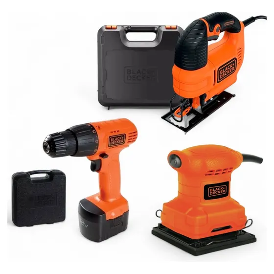 Kit Black+decker Sierra Caladora Vel. Variable + Lijadora Orbital 1/4 Hoja 200w + Taladro Inalambrico 12v Con Maletin