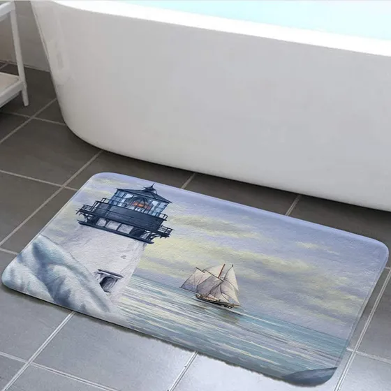 Alfombra Baño Nautical Lighthouse Ducha Tematica Oceano Azul