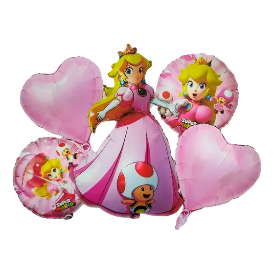 Set 5 Globos Princesa Peach Toad Mario Bros Hongo Cumpleaños