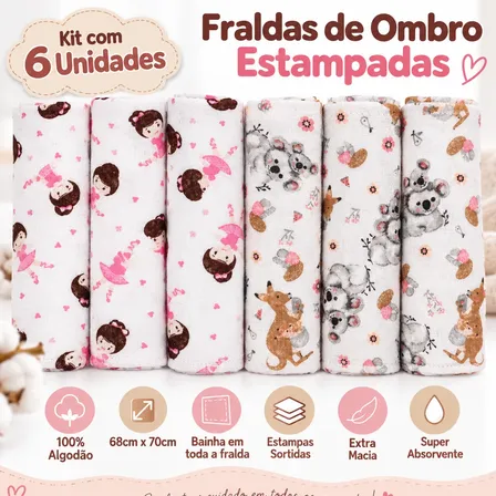 Kit 6 Fralda De Ombro Estampada C/ Bainha Grande Enxoval