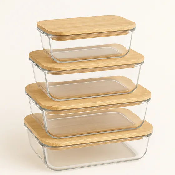 Set X4 Tápers De Vidrio Con Tapa Hermética De Bamboo