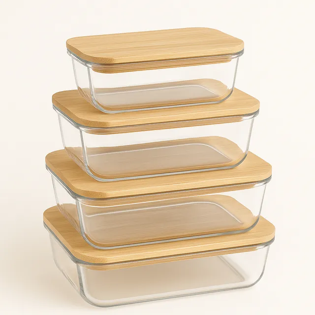 Set X4 Tápers De Vidrio Con Tapa Hermética De Bamboo