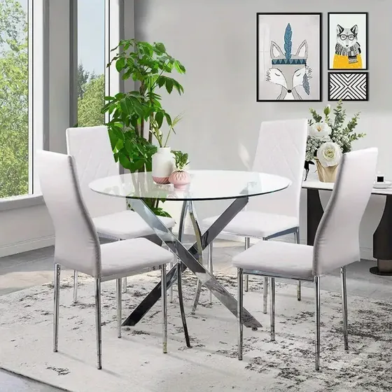 Mesa Comedor De Cristal Templado 90cm 4 Sillas Comedor Cuero