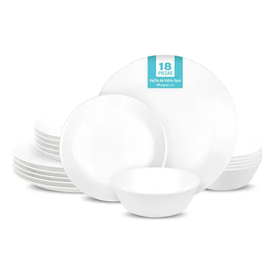 Vajilla Alba de Vidrio Opal 6 personas Magma Life (18 Pzs), Platos de Ultra Alta Resistencia: 6 Extendidos, 6 para Postre y 6 Hondos, para Microondas y Lavavajillas, Antibacterial, Fácil de Lavar