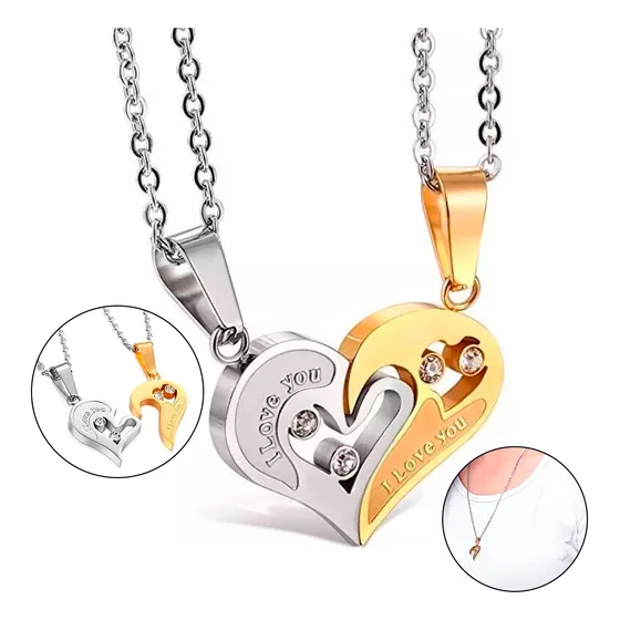 Colar Duplo Coração Casal Dia Namorados I Love You 2 Metades