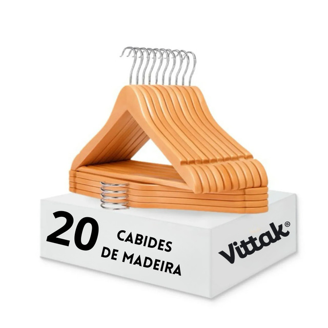 Vittak Kit 20 Cabides Madeira Marfim Adulto Organizador Roupa Premium