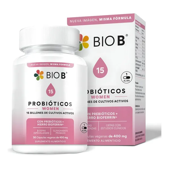 Bio B Probióticos Women Con 15 Billones Ufc + Hierro Bioferrin Cepas Especializadas + Prebióticos 30 Cápsulas Veganas