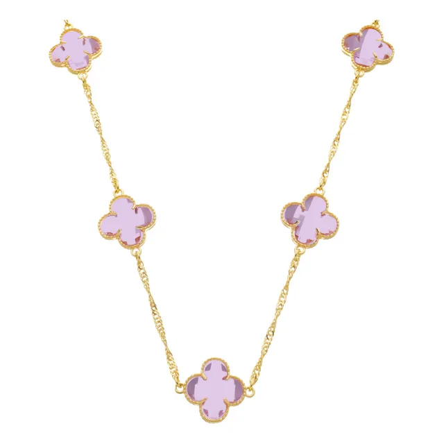 Colar Dourado Trevos Pedra Zircônia Rosa - Banhado Ouro 18k