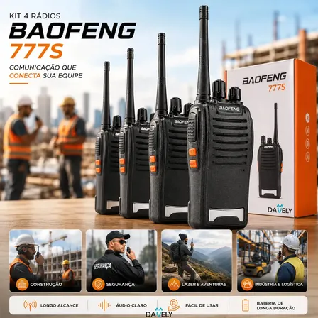 Kit 4 Rádios Comunicadores Walkie Talkie Baofeng 777s Profissional Eventos Radinho Walk Talk - Com Fone Microfone E Acessórios - Radio De Comunicação Segura Longo Distancia Com 16 Canais Davel Preto