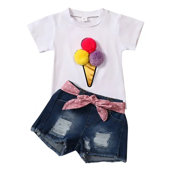 2 Pieces Fashion Ice Cream Top Denim Shorts Conjunto Niña