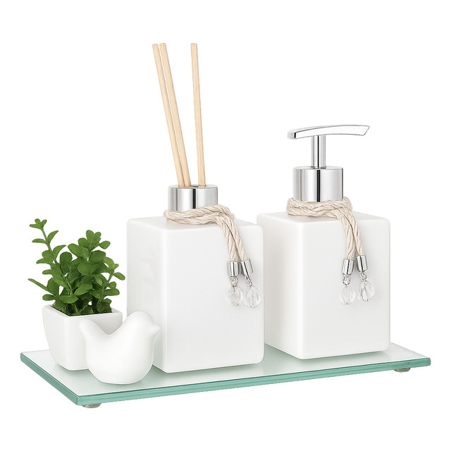 Kit Banheiro Porta Sabonete Líquido Aromatizador De Ambiente Kit Banheiro Porta Sabonete Líquido Aromatizador De Ambiente