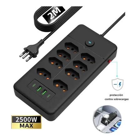 Filtro de Linha com 8 Tomadas, 2 USB e 2 PD, Cabo de 2 Metros para Proteção de Sobrecarga, 2500W