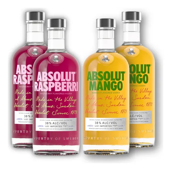 4 pack 2 Absolut Raspberri, 2 Absolut Mango Vodka 750ml