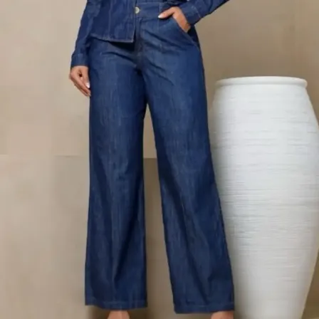 Conjunto Jeans Feminino Pantalona Elástico Camisa P Ao G3 Azul Liso G1