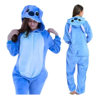 Pijama Macacão Kigurumi Stitch Feminino Adulto Plush Zíper