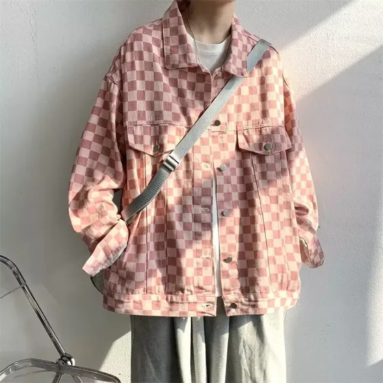 Chaqueta Vaquera Rosa A Cuadros Para Hombre, Holgada, Primavera Y Otoño