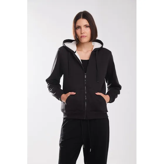 Buzo Campera Frisa Con Corderito Interno Negro Koxis Mujer