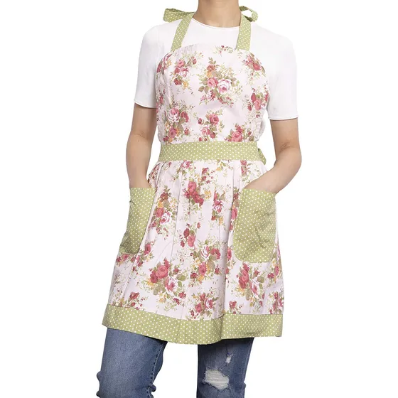 Delantal Floral Algodon Para Mujer Bolsillo Lazo Largo 28.0