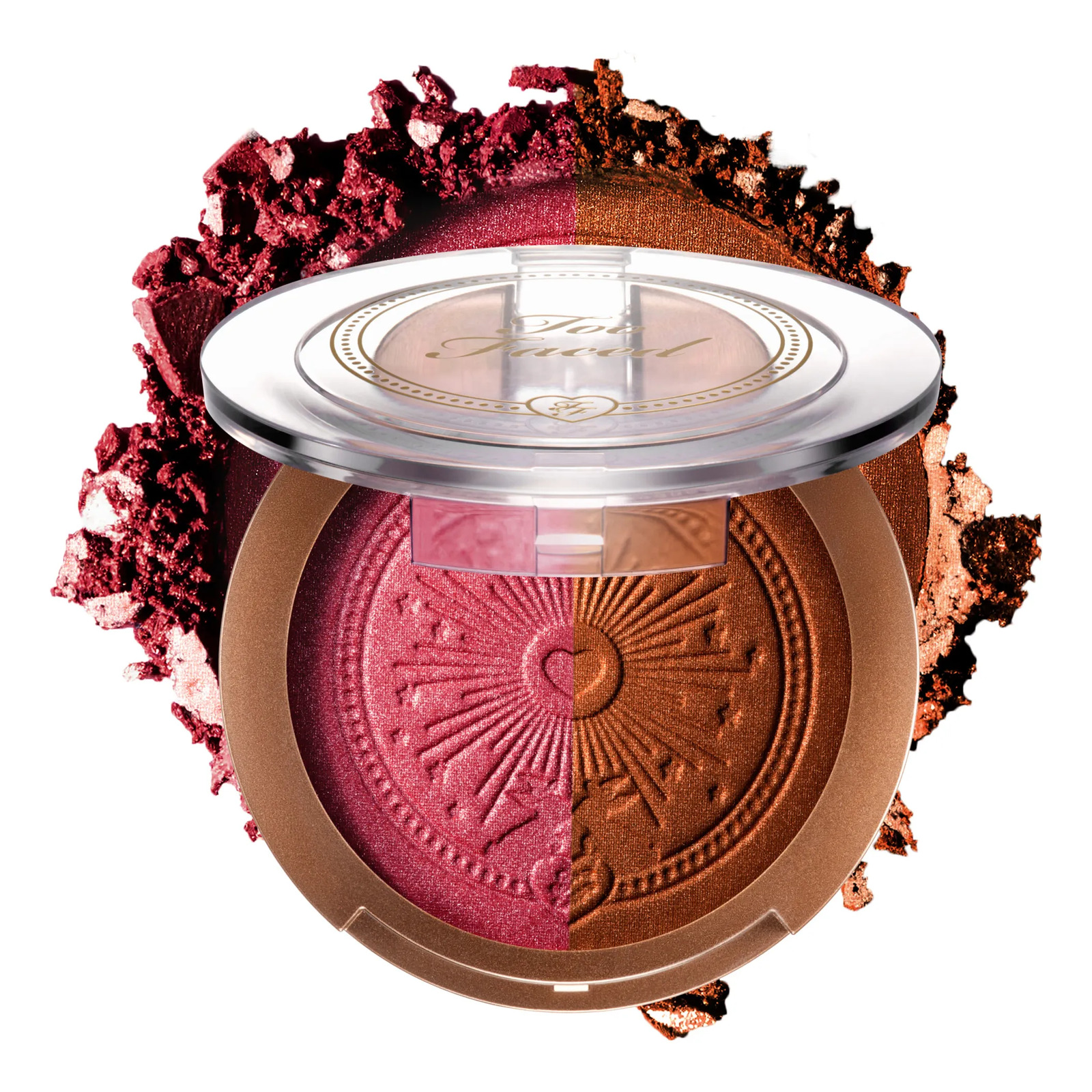 Estojo de blush e bronzeador Too Faced Sun Bunny Fuchsia Bunny aberto, exibindo duas divisões de cores com relevo detalhado, cercado por pó solto nas mesmas tonalidades.