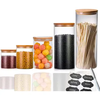 Kit 5 Potes De Vidro C/ Tampa Bambu, Adesivos E Canetinha Kit 5 Potes De Vidro C/ Tampa Bambu, Adesivos E Canetinha