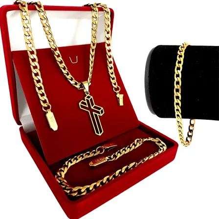 Kit Grumet Cordão Banhada A Ouro 70 Cm + Pulseira E Pingente Cruz 3d