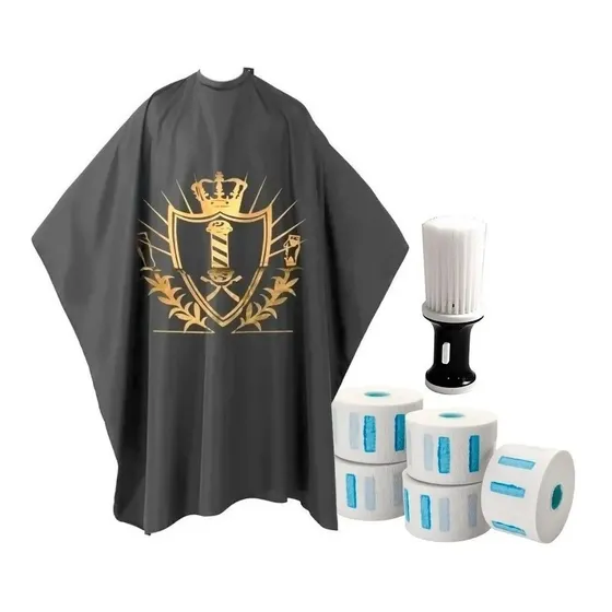 Kit Capa Barbero +papel Cuellero + Brocha Talquera Sacudidor