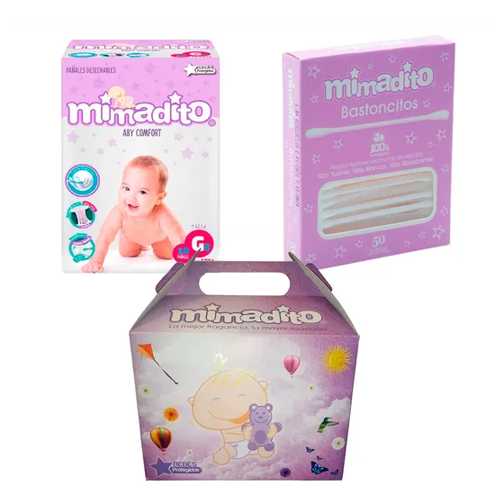 Kit Mimadito Pañales G + Hisopos + Cajita Feliz Con Peluche 
