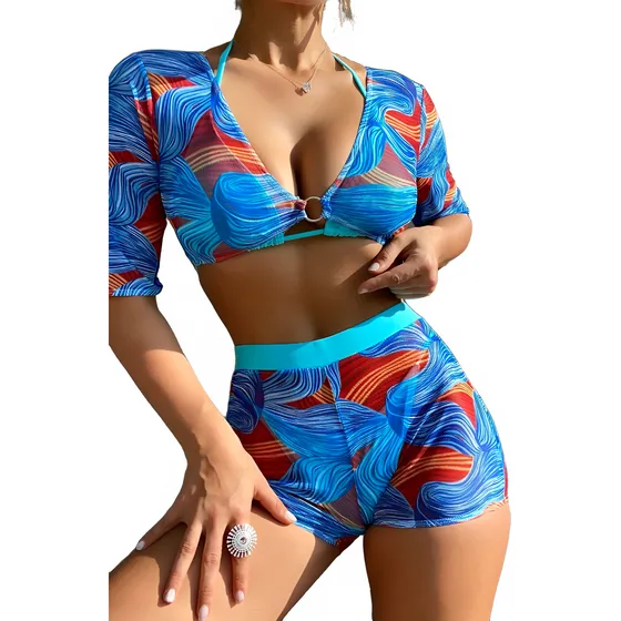 Shein 4 Piezas Bañador Bikini Triángulo Cover Up Con Estampa