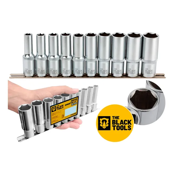 Jogo De Soquetes Longos Sextavado 1/2 Pol Aço Crv 10 A 22mm Tks100 The Black Tools