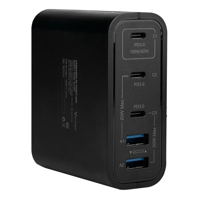 Cargador de Pared Vorago AU-600, 100W, 5 Puertos (3 USB-C y 2 USB-A), Carga Rápida PD 3.0 y QC 3.0, Compatible con Laptop, iPhone, Samsung, MacBook, Tablet, Ideal para Viaje, Oficina y Hogar