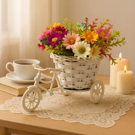 Cachepo Arranjo Bicicleta Decorativa + Flores Artificiais