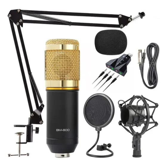 Kit Microfone Condensador Para Stream Pod Cast +palca De Som Cor Dourada