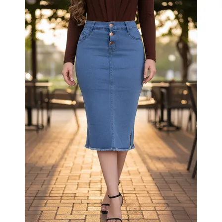 Saia Jeans Midi Justa Fenda Lateral Lycra Modelagem Justa