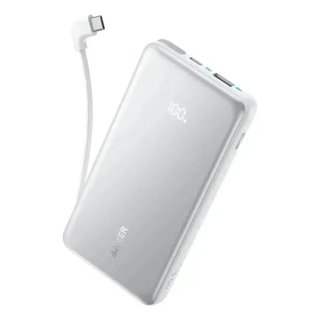 Cargador Portátil Powerbank Anker Zolo 20000mAh, 22.5W Carga Rápida, Bateria Externa con Cable USB-C Integrado y Puerto USB-A y USB-C Adicional, para iPhone/Samsung/Motorola Celular/Tablet, Blanco