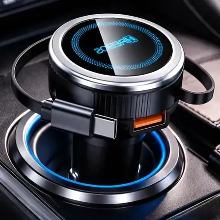 Carregador Veicular Turbo Usb c 30w Com Cabo Retrátil Led Cinza escuro