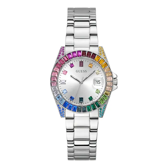 Reloj Pulsera Guess Gw0475l4 Con Correa De Acero Inoxidable Color Plateado - Bisel Arcoíris