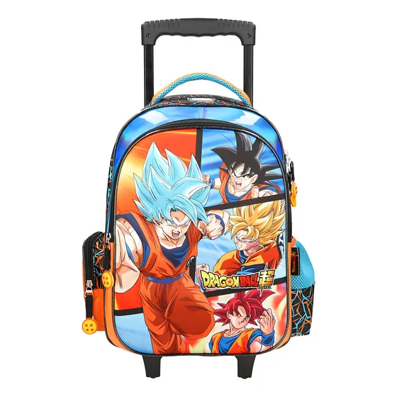 Mochila Con Ruedas Dragon Ball Goku Transformaciones, Reforzada Color Azul Diseño De La Tela Lisa