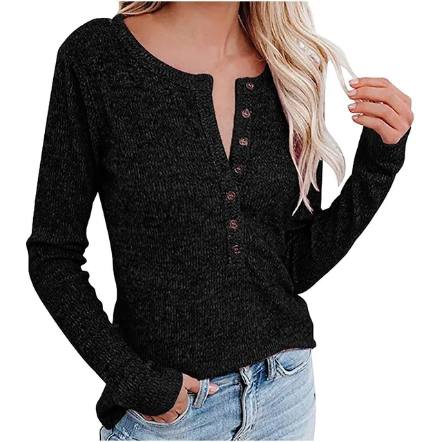 Camiseta Manga Larga Boton Para Dama Color Solido Casual